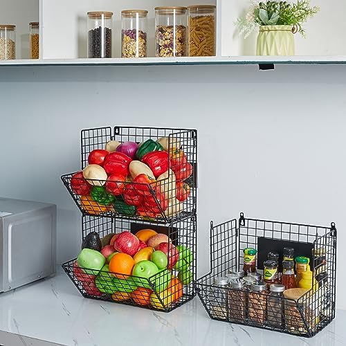 X-cosrack Metal Wire Basket Wall Mount, 3 Tier Wall Storage Basket Organizer with Hanging Hooks Chalkboards, Rustic Kitc