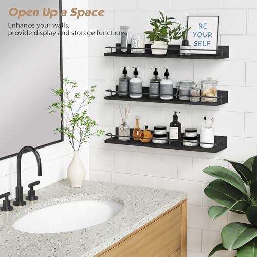 Forbena 24 Inch Wall Shelves for Bedroom 3-Pack, Black Floating Shelves with Rail, Vintage Large Floating Book Shelves f
