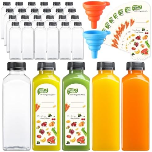 24 PACK, 16 OZ Reusable Thicker Plastic Juice Bottles with Caps, Leakproof