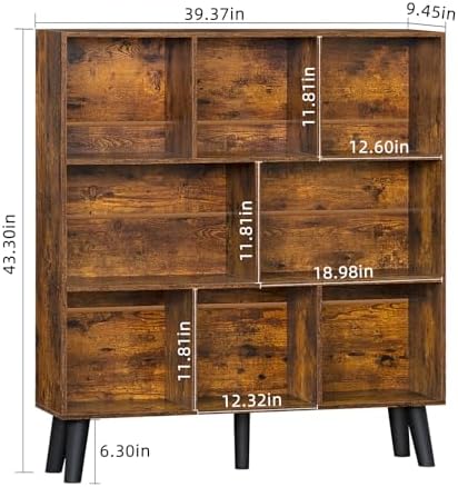 LEYAOYAO 8 Cube Bookshelf, Mid-Century Modern Book Shelf with Legs, Brown