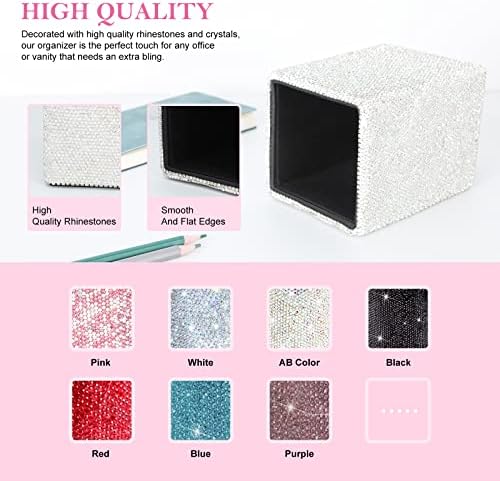 KEYPOWER Crystal Pencil Pot Holder Box Bling Rhinestone Pen Organizer Holder Cosmetic Pen Container Comb Brushes Personalized (Square White&AB Color)