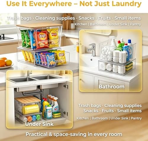 Trash Bag Dispenser Under Sink Organizer, Plastic Garbage Bag Holder with Bamboo Lid, Stackable Container for Dishwasher