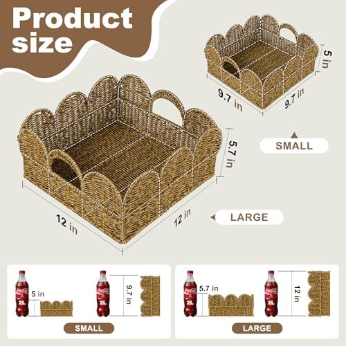 Scalloped Basket Set of 2，Resin Wicker Basket for Organizing and Decor Hand-Woven Wicker Storage Baskets with Built-In H