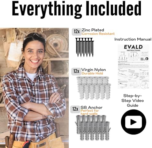 EVALD Floating Shelf Brackets w/Lip | Hidden Black Carbon Steel Brackets for 8-inch Board (7 2/7" True Size) Kitchen, Nu