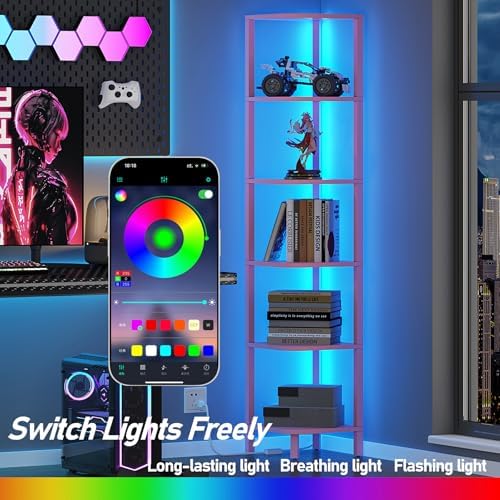 TUTOTAK Corner Shelf with LED Light, 6-Tier Corner Bookshelf