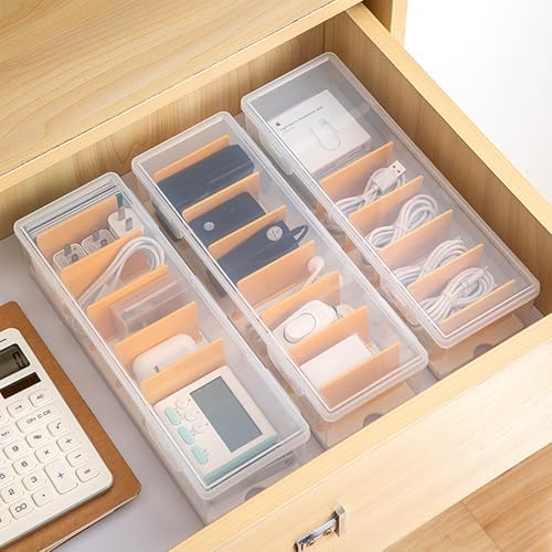 3 Pack Clear Cable Organizer Box with Lid, Plastic Charger Cable Cord Storage Organizer, Stackable Office Desk Organizer