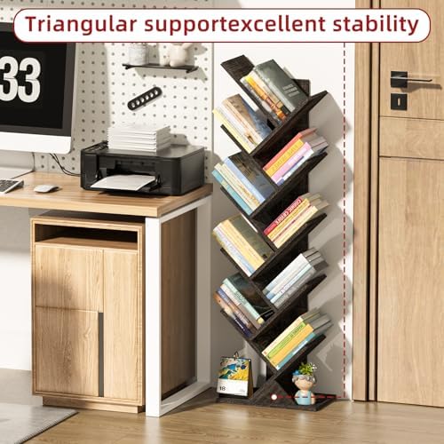 10 Tier Tree Book Shelf, Floor Standing Wood Bookshelf for Narrow Space