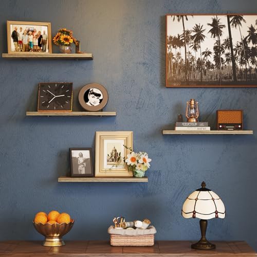 Fixwal Wall Floating Shelves for Room Decor, 4 Sets Floating Shelves for Wall Storage, Wood Wall Mounted Shelf for Bedroom Decor, Bathroom Storage, Book Shelf for Wall-Rustic Brown