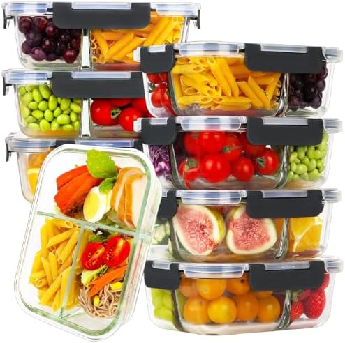 8 Pack 36oz Borosilicate Glass Meal Prep Containers 3 Compartment with Lids
