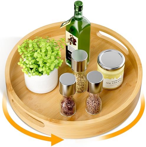 Lazy Susan Organizer Homerays 12 Inch Non-Skid Bamboo Lazy Susan for Kitchen Rotating Spice Rack with Handles, Wood Turn