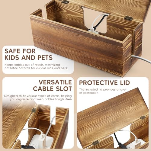 Large Cable Management Box - Burnt Wood Cable Organizer Box and Floor Cord Covers for Electrical Cord Management - Hide 