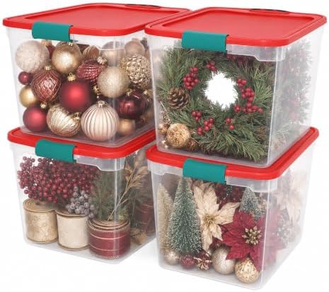 HOMZ Holiday Tote Plastic Storage Bin with Lid, 31 Qt, Clear/Red, 4 Pack