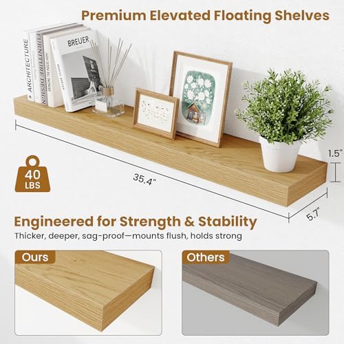 Fun Memories Floating Shelves for Room Wall, 36 Inch Long Shelf Set of 2， Hanging Wood Shelves for Storage & Display, Oa