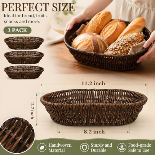 ZAVOOS 3 Pack Wicker Bread Basket, 11 Inch Food Serving Tray