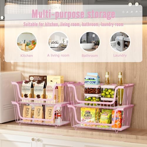 4 Pcs Stackable Wire Baskets for Pantry Organizers and Storage, Pink