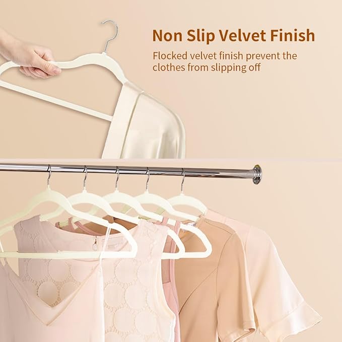 Stormix Adult Velvet Hangers Non-Slip Felt, Shoulder Notches, 36 Pack Cream