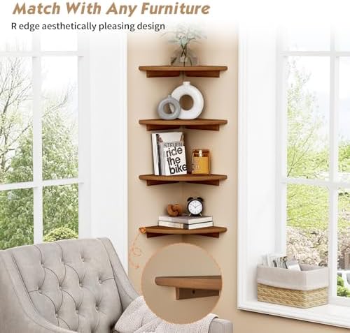 Forbena Walnut Brown Floating Corner Shelves for Wall 4-Pack, Small Corner Wall Shelves for Kids Room, Cute Wooden Hangi