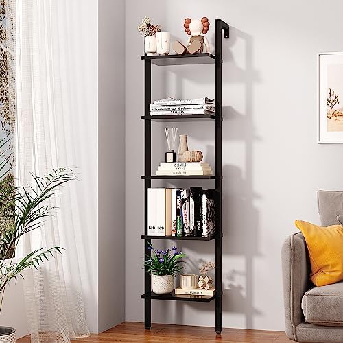 YMYNY 5 Tiers Narrow Ladder Bookcase, Industrial Wall Mounted Bookshelf, Open Display Rack with Metal Frame, Wooden Stor