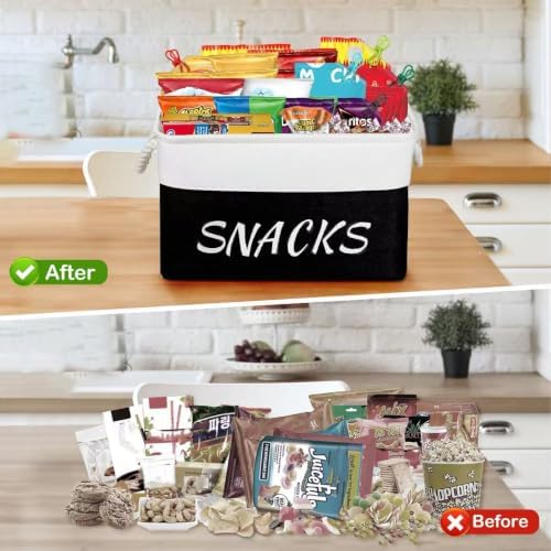 Snack Organizer for Pantry, Decorative Snack Basket with 10pcs Chip Clips, Snack Organizer for Desktop, Collapsible Snac