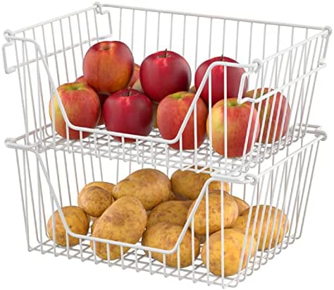 Slideep 14'' Large Stackable Storage Baskets Cabinet Organizer Sturdy Metal Wire Pantry Freezer Bin for Pantry Home Bath