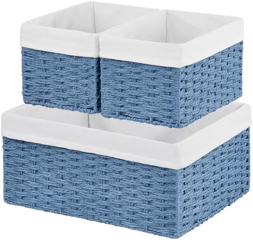 Vagusicc Wicker Basket, Set of 3 Hand-woven Storage Baskets for Organizing, Rectangle Wicker Storage Basket Bins with Ha