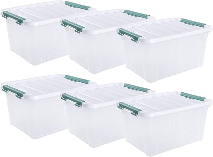 Xyskin 20 Quart Clear Plastic Storage Boxes with Latching Lids, 6-Pack | Stackable Container Bin for Closet, Pantry, Kitchen, Garage and Dorm Organization, Clear Storage Box witth Green Secure Latch
