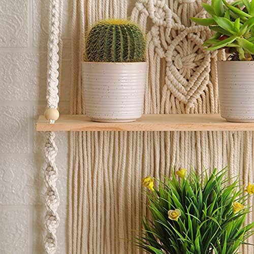 Mong Macrame Wall Hanging Shelf - Boho Hanging Shelves for Wall - Decorative Bohemian Floating Plants Room Storage Shelv