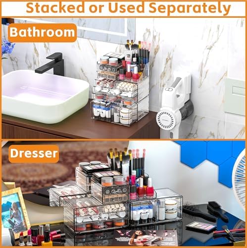 Cq acrylic 3 Pack Clear Makeup Organizer Countertop,Stackable 8 Drawers Skin Care Organizer,Cute Make Up Organizers for 