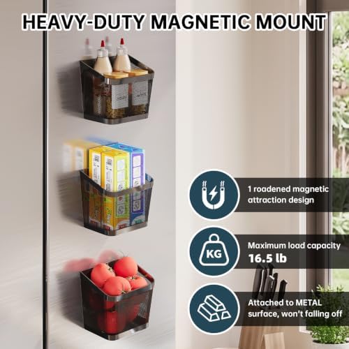 3Pcs Magnetic Spice Rack for Refrigerator, Black Magnetic Shelves(Small)