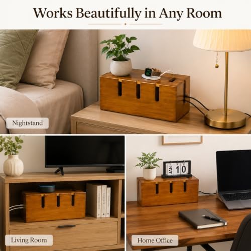 12" Acacia Wood Cable Management Box, Cord Hider Organizer