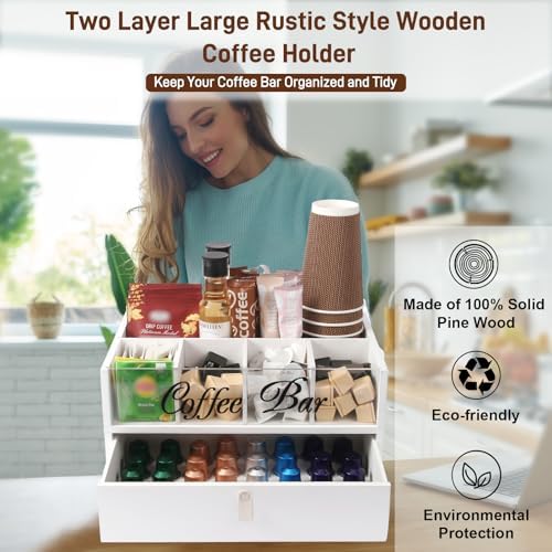 2-Tier Coffee Bar Organizer with Clear Acrylic Top, Built-in Drawer and Leather Handle Pull for Countertop, Stylish Coff