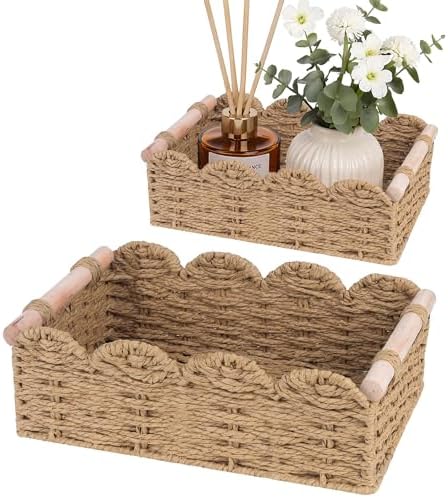 iEGrow Paper Rope Small Storage Baskets for Organizing, Set of 2 Scalloped Edge Wicker Basket with Wooden Handles Toilet Paper Basket for Over Toilet Storage Shelf, Home Decor, Living Room (Neutral)