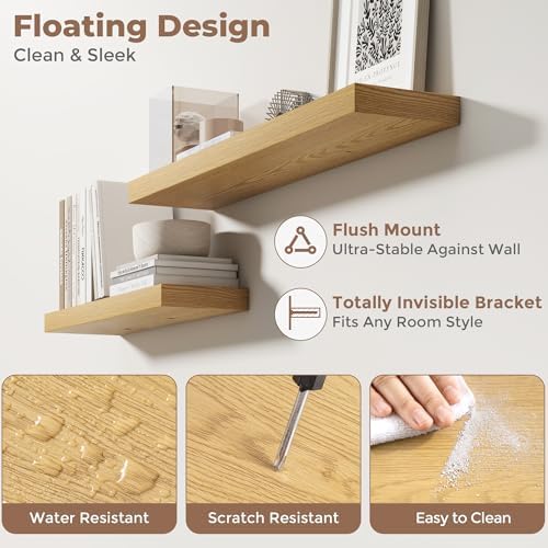 FLYJOE 20 Inch Floating Shelves for Wall Set of 2, 6.5" D Wood Grain Bathroom Shelves with Invisible Brackets, Easy Install Engineered Wood Storage Shelves for Kitchen, Living Room, Bedroom