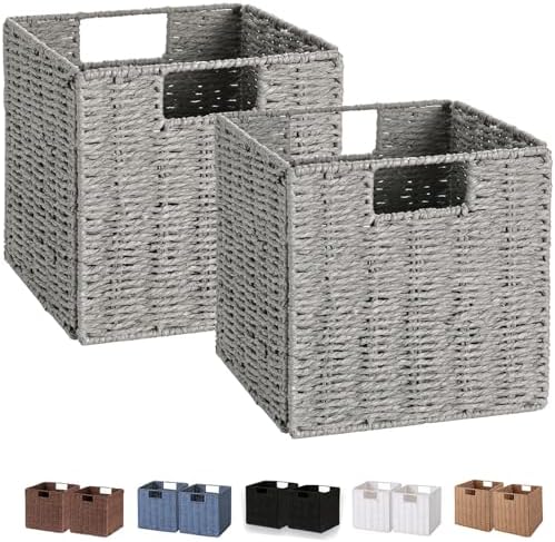Vagusicc Wicker Basket, Set of 2 Hand-Woven Wicker Storage Basket, Foldable 11 inch Cube Storage Bins, Storage Baskets f