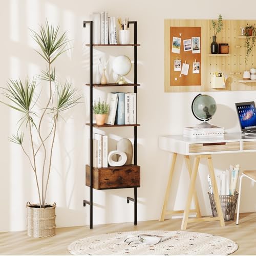 GIANTEX 5-Tier Ladder Bookcase with Drawer, 70" Tall Wall-Mounted Bookshelf with Metal Frame, Industrial Open Display Sh