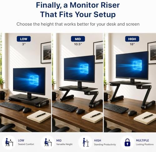 Uncaged Ergonomics WorkEZ Adjustable Monitor Stand Riser for Desk, Black