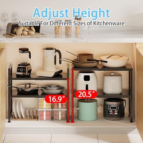 2-Tier Expandable Metal Storage Shelves,150LBS Heavy Duty Shelving Units and Storage For Small Appliance,Adjustable Pots