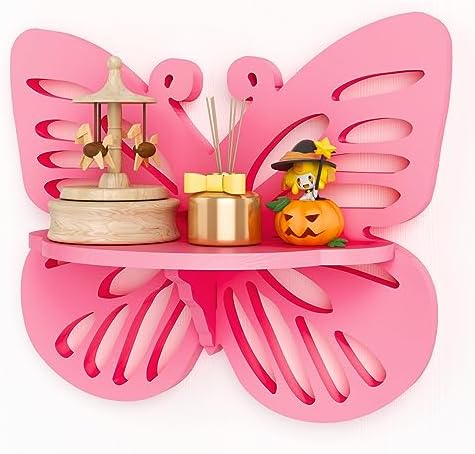 Pink Butterfly Shaped Floating Shelf for Girl’s Room, Cute Wall Display Rack for Nursery Decor, Small Decorative Shelf W