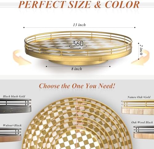 AMH 13-Inch Gold and White Checkerboard Lazy Susan with Rubberwood Base