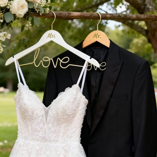Mr & Mrs Wedding Dress Hanger Set – Bride Hangers for Wedding Dress & Groom Suit, Wooden Bridal Hanger with Love Wire Ba