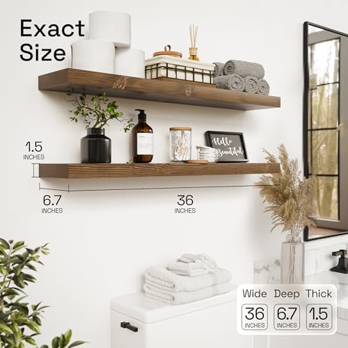 Solid Wood Floating Shelves for Wall 36 Inches Long, Walnut Wooden Shelf