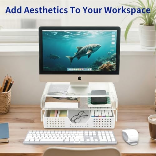 OPNICE Desk Organizer and Accessories, 2-Tier Computer Monitor Stand Riser with Drawer and 2 Pen Holders, Laptop Stand, 
