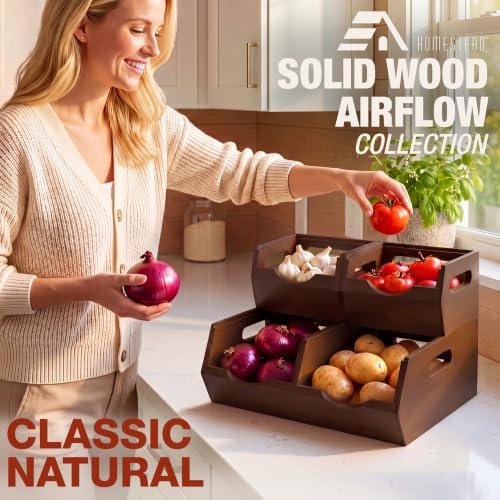 HOMESTEAD Stackable Solid Wood Storage Bins for Kitchen Pantry & Countertop, Ventilated Potato and Onion Basket Organize