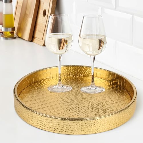 HofferRuffer Faux Leather Round Serving Tray, Vegan Croco Leather Decorative Tray, Food Tray for Storage Drinks, Snack &