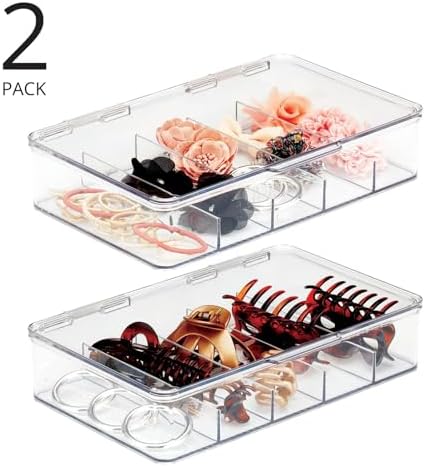 mDesign Plastic Divided Stackable Hair, Makeup & Jewelry Organizer Box with Hinge Lid for Bathroom Vanity Countertop - 5