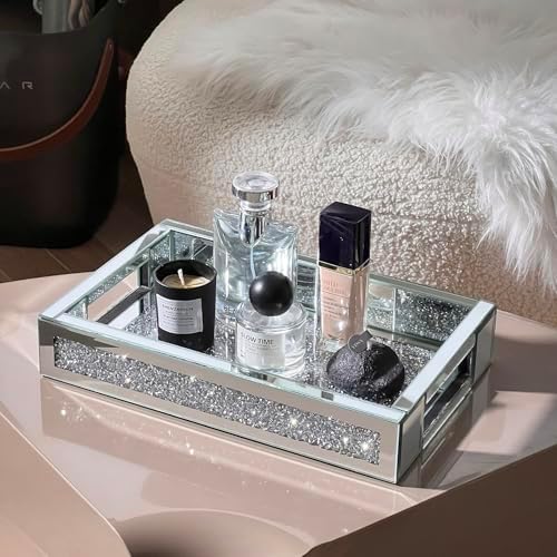 Rectangle Glass Tray with Handles for Dresser, Mirror Makeup Organizer Perfume Display, Crushed Diamond Home Decor Accen