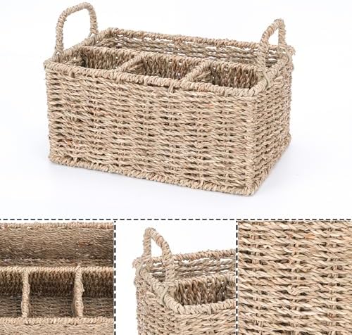 Wicker Party Silverware Caddy, Seagrass Plastic Cutlery Utensil Holder, Hand Woven with Handles, Kitchen Countertop and 