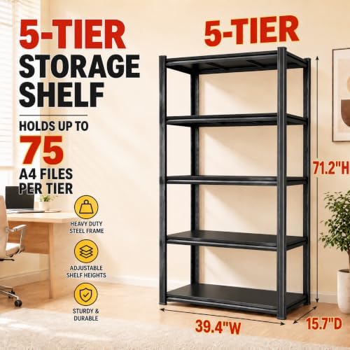 Bolt-Free Metal Bookshelf, Adjustable Tall Bookcase Freestanding Book Shelf, Heavy Duty Deep Book Shelf, Large Office Bo