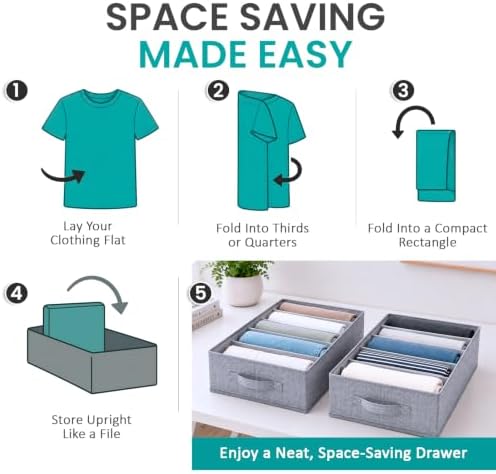 ZENO Large Drawer Organizer 16.5" L x 11.8" W x 6.7" H - 2 Pack Fabric Closet Bins with 5 Separators - Foldable Wardrobe Dividers for Sweaters, Jeans, T-Shirts & Clothes Organization