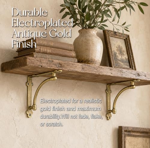 NACH Decorative Shelf Brackets, 2 Pack of 7 x 1.5 x 7 inch Gold Brackets - Cast Iron Shelf Brackets for Mounting - Half 